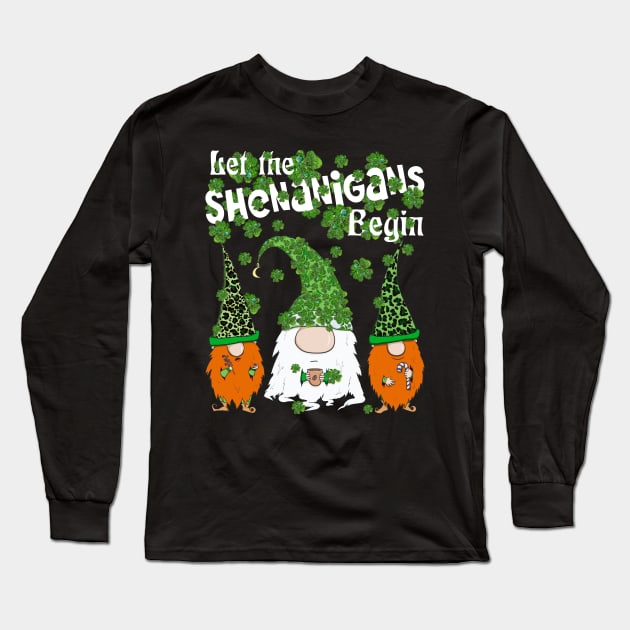 Let Shenanigans Begin Gnomes Green Clovers St Patricks Day Long Sleeve T-Shirt by Ai Wanderer